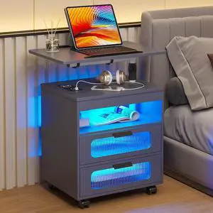 HNEBC Nightstand with Wireless Charging Station, LED Nightstand Has Adjustable Rotary Workstation, Smart Night Stand with 2 Drawers,Modern Bedside Table for Bedroom, Sensor Light/Wheel (Grey) HNEBC Nightstand with Wireless Charging Station, LED Nightstand Has Adjustable Rotary Workstation, Smart Night Stand with 2 Drawers,Modern Bedside Table for Bedroom, Sensor Light/Wheel (Grey)