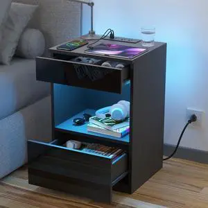 HOMMPA Open Shelf LED Nightstand with Charging Station 2 Drawers Bedside Table Black Night Stand with Storage Smart Nightstands High Gloss Night Table with Led Light for Bedroom Furniture HOMMPA Open Shelf LED Nightstand with Charging Station 2 Drawers Bedside Table Black Night Stand with Storage Smart Nightstands High Gloss Night Table with Led Light for Bedroom Furniture