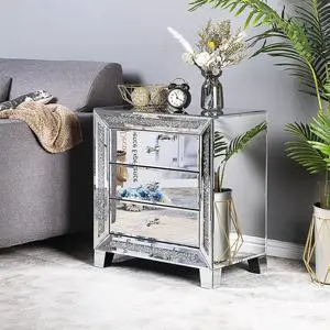 VINGLI Mirrored Nightstand Glass End Table, 23" W Silver Night Stand for Bedroom, Mirrored Bedside Table with Storage, Glass Mirror Nightstand VINGLI Mirrored Nightstand Glass End Table, 23" W Silver Night Stand for Bedroom, Mirrored Bedside Table with Storage, Glass Mirror Nightstand