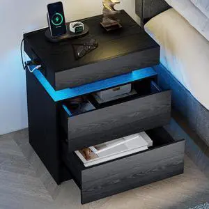 LIKIMIO Nightstand with Charging Station LED Light and 2 Drawers Black | bedside table; end table; charging station; LED light; 2 drawers; black wood grain; small spaces LIKIMIO Nightstand with Charging Station LED Light and 2 Drawers Black | bedside table; end table; charging station; LED light; 2 drawers; black wood grain; small spaces
