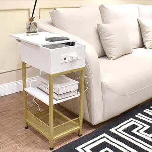 SZLHANJZ Modern Nightstand White Nightstand with Charging Station Slide Top Bed Side Table with Storage Drawer 3 Tier Wood  Metal Narrow End Table for Home Apartment Dorm Gold  White