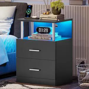 VIAGDO Black Nightstand with Charging Station and USB Ports, LED Night Stand with 2 Drawers, Modern End Side Tables with Open Storage, Bedside Tables for Bedroom, Office VIAGDO Black Nightstand with Charging Station and USB Ports, LED Night Stand with 2 Drawers, Modern End Side Tables with Open Storage, Bedside Tables for Bedroom, Office