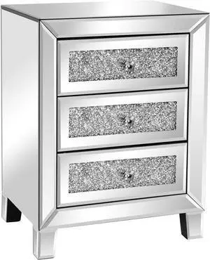 VINGLI Mirrored Nightstand with 3 Drawers Modern End Table Bed Side Table with Mirrored Finish, 17.72-inch W x 13.78-inch D x 23.62-inch H, Silver VINGLI Mirrored Nightstand with 3 Drawers Modern End Table Bed Side Table with Mirrored Finish, 17.72-inch W x 13.78-inch D x 23.62-inch H, Silver