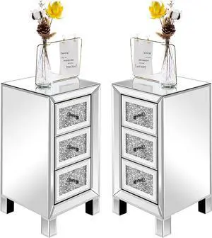 VINGLI 3-Drawer Mirrored Nightstand Bedside Table Modern Night Stands Set of 2 Glass Accent End Table, Fully Assembled, Silver VINGLI 3-Drawer Mirrored Nightstand Bedside Table Modern Night Stands Set of 2 Glass Accent End Table, Fully Assembled, Silver