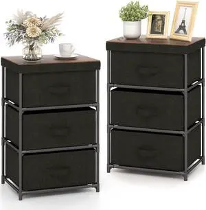 GIANTEX Nightstand with 3 Fabric Drawers, 24.5" Storage Dresser with Metal Frame and Wood Top for Closet, 3-Drawer Bedside Table with Removable Lid for Bedroom Dorm, Easy Assembly (2, Black) GIANTEX Nightstand with 3 Fabric Drawers, 24.5" Storage Dresser with Metal Frame and Wood Top for Closet, 3-Drawer Bedside Table with Removable Lid for Bedroom Dorm, Easy Assembly (2, Black)