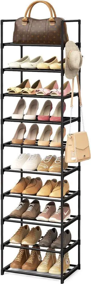Narrow Shoe Rack 10 Tiers Tall Shoe Rack for Entryway Closet 20 24 Pairs Shoe & Boots Organizer Storage Shelf Durable Black Metal Stackable Shoe Cabinet with Hooks, 17.1D x 11.8W x 78.7H in Narrow Shoe Rack 10 Tiers Tall Shoe Rack for Entryway Closet 20 24 Pairs Shoe & Boots Organizer Storage Shelf Durable Black Metal Stackable Shoe Cabinet with Hooks, 17.1D x 11.8W x 78.7H in