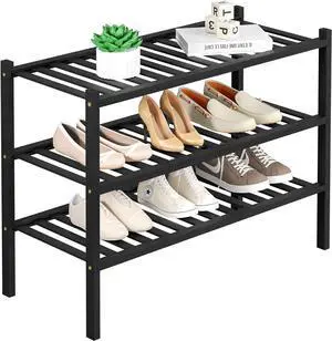 ROMGUAR CRAFT 3 Tier Bamboo Shoe Rack for Closet Free Standing Wood Shoe Shelf Storage Organizer for Entryway Small Space Stackable 27"x11"x20" (Black) ROMGUAR CRAFT 3 Tier Bamboo Shoe Rack for Closet Free Standing Wood Shoe Shelf Storage Organizer for Entryway Small Space Stackable 27"x11"x20" (Black)