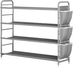 SUOERNUO 4 Tier Free Standing Metal Shoe Rack With Side Bag - Compact Shoe Organizer for Entryway Closet Bedroom, Grey SUOERNUO 4 Tier Free Standing Metal Shoe Rack With Side Bag - Compact Shoe Organizer for Entryway Closet Bedroom, Grey