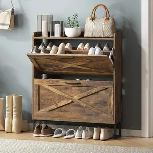 Maupvit Shoe Storage Cabinet with 2 Flip Drawers, Freestanding Shoe Organizer with Metal Legs for Entryway, Narrow Shoe Rack Cabinet, Rustic Brown Maupvit Shoe Storage Cabinet with 2 Flip Drawers, Freestanding Shoe Organizer with Metal Legs for Entryway, Narrow Shoe Rack Cabinet, Rustic Brown