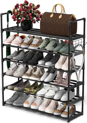 Hsscblet 6 Tiers Metal Shoe Rack,Adjustable Shoe Shelf Storage Organizer with Hooks,Stackable Boot & Shoe Storage,for Entryway,Hallway,Closet,Black Hsscblet 6 Tiers Metal Shoe Rack,Adjustable Shoe Shelf Storage Organizer with Hooks,Stackable Boot & Shoe Storage,for Entryway,Hallway,Closet,Black