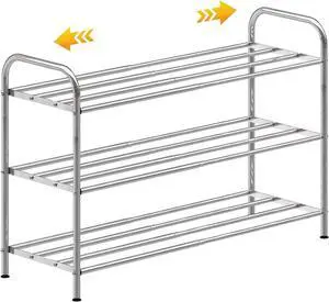 3-Tier Expandable Shoe Rack Adjustable Heavy Duty Organizer Shelf | 100% Stainless Steel & 4-Rod Stretchable | Small Space Shoe Rack for Closet Entryway (15" to 27", Silver) 3-Tier Expandable Shoe Rack Adjustable Heavy Duty Organizer Shelf | 100% Stainless Steel & 4-Rod Stretchable | Small Space Shoe Rack for Closet Entryway (15" to 27", Silver)