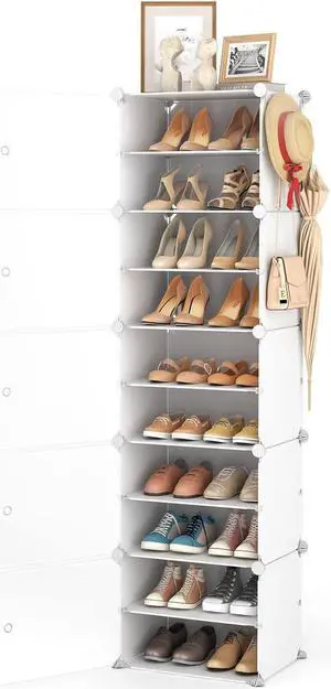 LANTEFUL 10 Tier Shoe Storage Cabinet with Door, Portable Narrow Organizer Rack for 20 Pairs, White Plastic with Hooks for Entryway or Bedroom LANTEFUL 10 Tier Shoe Storage Cabinet with Door, Portable Narrow Organizer Rack for 20 Pairs, White Plastic with Hooks for Entryway or Bedroom