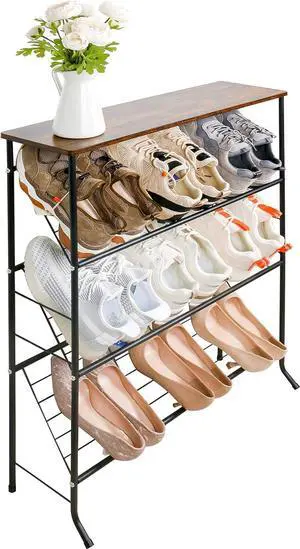 ZOES HOMEWARE Narrow Shoe Rack for Front Door Entrance,4-Tier Shoes Rack Storage Organizer with 3 Slanted Shelves and Top Shelf for Entryway,Skinny Space Saving Shoe Rack, Black ZOES HOMEWARE Narrow Shoe Rack for Front Door Entrance,4-Tier Shoes Rack Storage Organizer with 3 Slanted Shelves and Top Shelf for Entryway,Skinny Space Saving Shoe Rack, Black