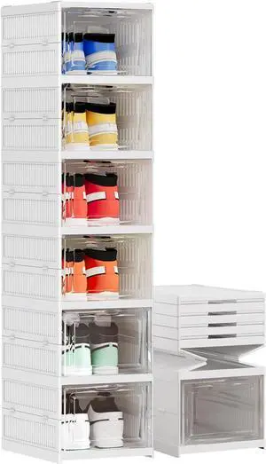 Shoe Storage Organizer Box 6-Tier Foldable Collapsible Stackable Shoe Rack Bins, Fit Size 12, No Assembly, for Men and Women Shoe Storage Organizer Box 6-Tier Foldable Collapsible Stackable Shoe Rack Bins, Fit Size 12, No Assembly, for Men and Women