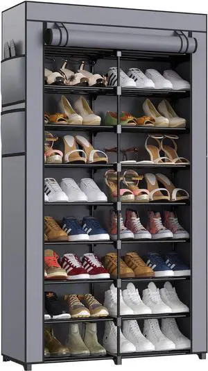 9-Tier Tall Black Shoe Rack, 36-40 Pairs with Gray Cover 9-Tier Tall Black Shoe Rack, 36-40 Pairs with Gray Cover