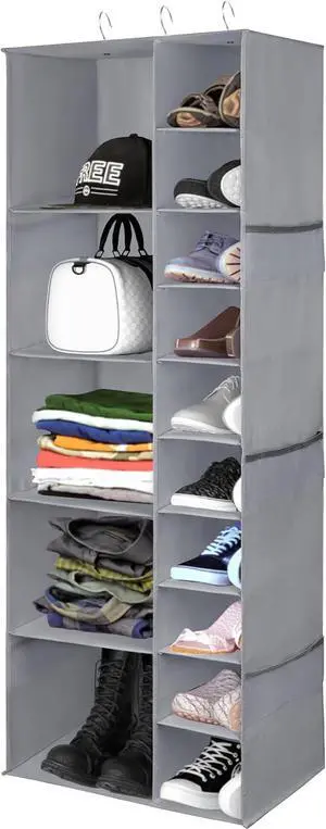 Libeder Shoe Organizer for Closet, 15 Shelf Hanging Closet Storage Shelves - 10 Shoe Rack Organizer and 5 Compartment for Clothes with 6 Side Mesh Pockets for Scarves Socks,Gloves, Grey Libeder Shoe Organizer for Closet, 15 Shelf Hanging Closet Storage Shelves - 10 Shoe Rack Organizer and 5 Compartment for Clothes with 6 Side Mesh Pockets for Scarves Socks,Gloves, Grey