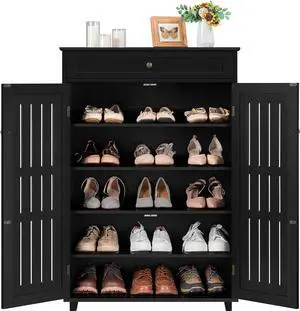 Topeakmart Shoe Rack Storage Cabinet with Louvered Door for Entryway Black Topeakmart Shoe Rack Storage Cabinet with Louvered Door for Entryway Black