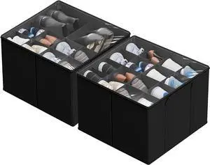 SUOCO 2 Pack Shoe Organizer for Closet, Fits up to 32 Pairs, Small Space Shoe Storage Boxes Bins Containers w/Adjustable Dividers and Clear Top, Black SUOCO 2 Pack Shoe Organizer for Closet, Fits up to 32 Pairs, Small Space Shoe Storage Boxes Bins Containers w/Adjustable Dividers and Clear Top, Black