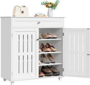 Topeakmart Wood Shoe Cabinet, Shoe Rack with 1 Big Drawer & 4 Storage Shelves, Shoe Storage Cabinet with 2 Louvered Door, for Entryway Living Room, White