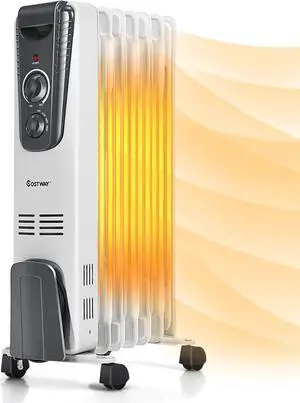 COSTWAY Oil Filled Radiator Heater, 1500W Portable Space Heater with Adjustable Thermostat, 3 Heat Settings, Overheat and Tip-Over Protection, Electric Oil Heater for Indoor Use, Bedroom, Office