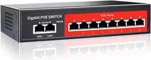 8 Port Gigabit PoE Switch with 2 Gigabit Uplink,802.3af/at Compliant,120W Built-in Power,Unmanaged Metal Plug and Play