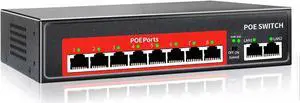AI PoE Switch (8 POE Ports +2 Uplink), 802.3af/at PoE+ 100Mbps, 120W Built-in Power, Extend to 250Meter,Unmanaged Metal Plug and Play