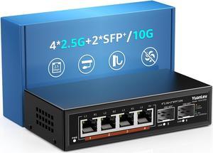 6 Port 2.5G Umanaged Ethernet Switch, 4 x 2.5G Base-T Ports, 2 x 10G SFP, Compatible with 100/1000/2500Mbps, Metal Fanless, Desktop/Wall Mount YuanLey 2.5Gbe Network Switch for Wireless AP, NAS, PC