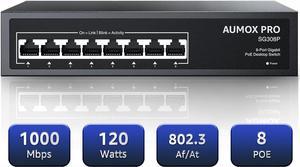 8 Port Gigabit PoE Switch,AUMOX PRO 8 Port Gigabit Ethernet Unmanaged PoE Switch 120W,Plug and Play,Metal Case Fanless Network Switch 802.3af/at