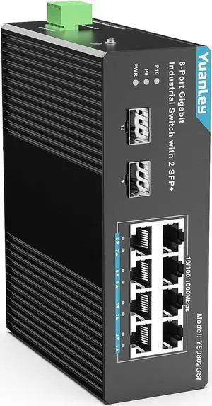 YuanLey Industrial Ethernet Switch 8 Port Gigabit with 2 SFP, 8 Gigabit Ethernet Ports, DIN-Rail Switch IP30 Rated, Unmanaged Network Switch (-40 to 176°F), Lifetime Protection, Fanless, Metal Case