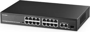 Binardat 19 Port Gigabit POE Switch, 16 POE+ Ports 1000Mbps, 2 Gigabit Uplink, 1 Gigabit SFP, IEEE802.3af/at, 300W Internal Power Supply, Metal Case Unmanaged Plug and Play