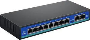 PoE Switch with 8 PoE Ports, 2 Uplink Ports, PoE Switch for IP Cameras, Smart Power Over Ethernet Switch, 120W Built-in Power, IEEE 802.3af/at, Unmanaged, Metal Housing, Fanless Design