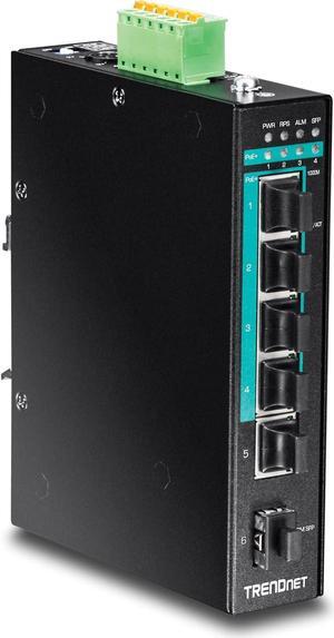 TRENDnet 5-Port Hardened Industrial Gigabit PoE+ DIN-Rail Switch, 120W Power Budget, 1 x SFP Slot, IP30 Rated, Unmanaged Switch, Gigabit PoE+ Network Switch, Lifetime Protection, Black, TI-PG541