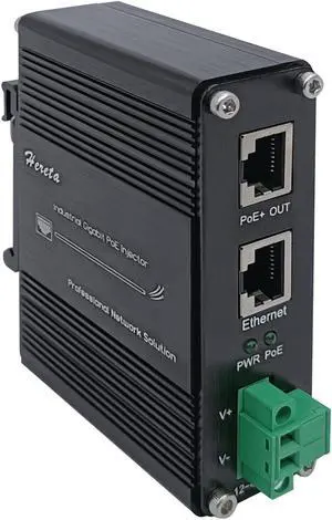 Hardened Industrial Gigabit PoE+ Injector 12-48VDC Input with DIN-Rail and Wall Mount Connecting The IEEE 802.3 af/at PoE Device (30W)