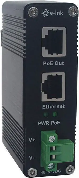 E-link Industrial Gigabit PoE++ Injector 48V DC PoE++ 95W up to 100 Meters Output DIN Rail Mount Hardened High Power PoE Adapter -40°C to 80°C IP40