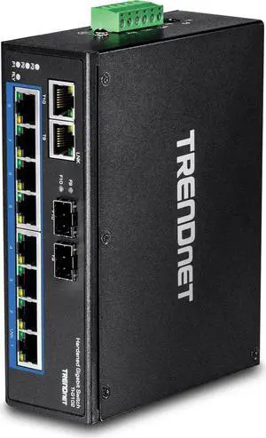 TRENDnet 10-Port Hardened Industrial Gigabit DIN-Rail Switch, DIN-Rail and Wall mounts Included, Dual redundant, RJ-45/SFP, Lifetime Protection, TI-G102