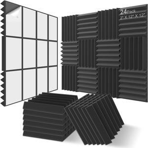 JBER 24Pack Sound Proof Foam Panels, 2" X 12" X 12" Self-Adhesive Acoustic Wall Paddings for Home Office Studios (Black)