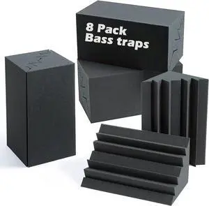 Acoustic Foam Bass Traps 8 Pack, 12" X 7" X 7" Corner Bass Trap, Sound Absorbing Foam, High Density Studio Foam