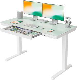 FEZIBO 48 × 24 Electric Standing Desk with Drawers, Whole-Piece Glass Adjustable Height Desk, One-Piece Quick Install Adjustable Sit Stand Desk, White
