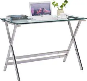 SMARTIK Modern Glass Computer Desk, Clear Study Table - Gaming Desks, Study Desk, and Workstation Table for Small Spaces - Stainless Steel Frame 43.5" x 21.7" x 29.9"