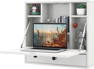 Tangkula Wall Mounted Desk, Folding Wall Table Floating Desk Wall Mount Laptop Desk, Space Saving Wall Mounted Table Wall Desk with Storage Drawer & Shelves (White)