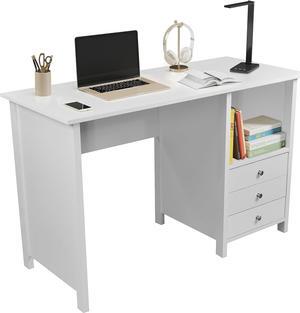 Techni Mobili White Desk with Drawers - Small Office Desk with 3 Cabinet Drawers, Open Shelf, & Laminated Wooden Panels Office & Study Table for Bedroom & Workstations