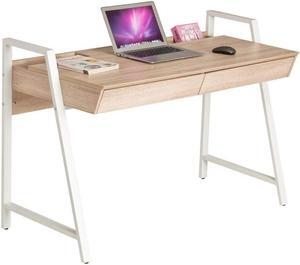 Dporticus Wooden Computer Desk with Drawers, 50 Small Modern Home Office Writing Desk, PC Laptop Work Table with Storage, White and Oak