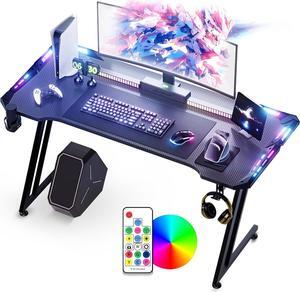 Gamtimer Gaming Desk with LED Lights,Gaming Computer Table with Carbon Fibre Surface,384 Color Modes with Remote Control,Gamer Workstation with Cup Holder & Headset Hooks,63 INCH-Black