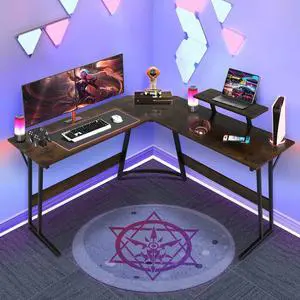 NiamVelo L Shaped Gaming Desk with Large Desktop & Storage Space - Ideal for Studying, Working, and Gaming - Adjustable Feet & Optional Tray Table Installation (Brown)