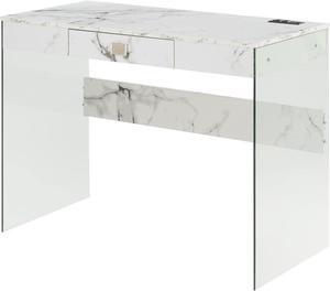 Convenience Concepts SoHo Glass Desk with Charging Station, 42", Faux White Marble