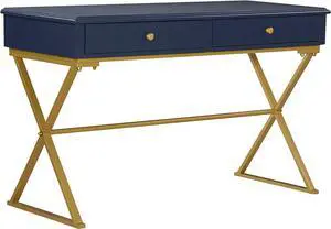 Linon Campaign Desk Navy with Gold Legs, Blue