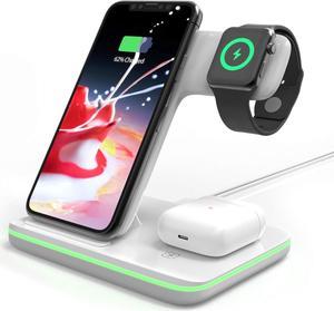 Omni Dock QI Wireless Charging Station, White, 15W Fast Charger Docking Stand, Compatible with Apple Watch, AirPods, iPhone, , 3 in 1, Multiple Devices, Nightstand Organizer