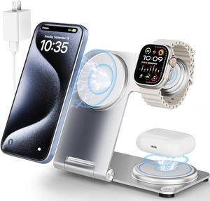 3 in 1 Wireless Charging Station for Multiple Devices RR SPORTS Foldable Metal Wireless Charger Stand for MagSafe for iPhone 15141312 SeriesiWatch 29UltraAirPods Prowith AdapterSilver