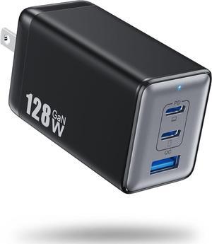 USB C Charger 128W Wall Charger (GaN III)3 Port Fast Charging Station 65W Foldable Wall Charger Adapter for MacBook Pro/Air HP ThinkPad Dell XPS iPhone 15/14 Pro iPad Pro/Air Galaxy S23 Steam Deck etc