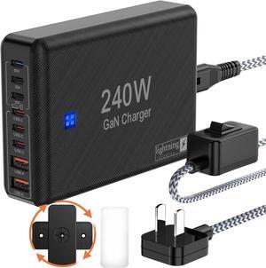 USB C Charger Block 240W, Super Fast Charging Station for iPhone/, 65W C Adapter for Laptops/Tablets, Low Profile Flat Plug, 5ft Braided Power Cord with Switch, Desk Cord Organizers